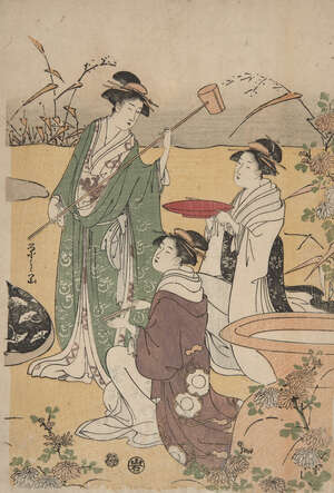 
	
		Chobunsai Eishi, Japanese 1756-1829, Beauties Amongst Chrysanthemum, c.1790, woodblock...