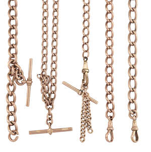 Four late 19th/early 20th century 9ct gold watch chains, of curb-link design, clip and bar terminals, together with a single half chain, various lengths (5)