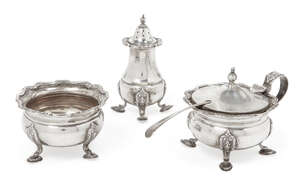 
	
		A silver three piece condiment set, Birmingham, c.1938, AE Poston & Co., comprising salt,...