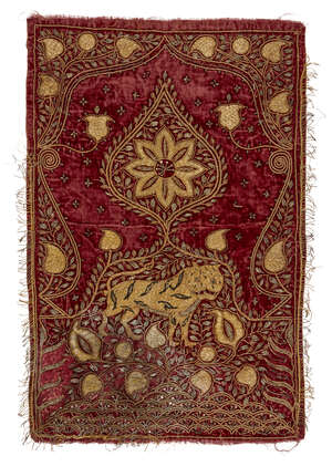
	
		A gilt metal thread embroidered red velvet textile with tiger, India, 19th century, of...