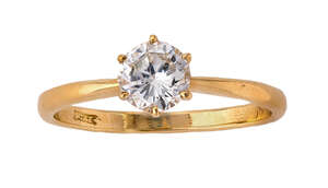 
	
		A diamond single stone ring, claw set with a brilliant-cut diamond, ring size N

	

