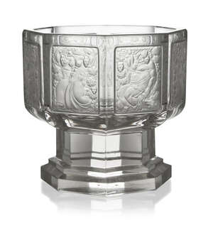 
	
		J & L. Lobmeyr (Austrian), an octagonal glass stemmed bowl with engraved panels by Max...