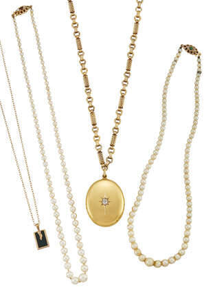 
	
		A Victorian, gold, diamond set locket pendant with neckchain, a bloodstone pendant and...