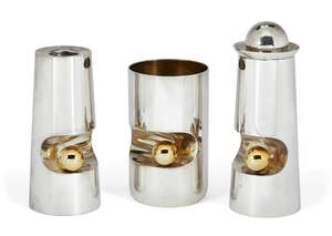 
	
		A contemporary Israeli three-piece parcel gilt silver Havdalah set, stamped 925,...