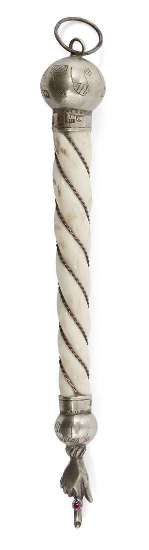 
	
		A silver mounted ivory and gemstone Torah pointer, yad, bearing spurious Russian marks,...