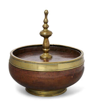 
	
		A brass-mounted turned treen tobacco bowl and cover, possibly Dutch East Indies, 18th...