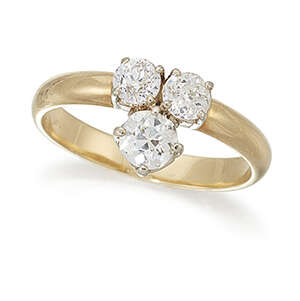 
	
		A diamond three stone ring, of old brilliant-cut diamond trefoil design, ring size R

	

