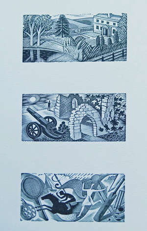 Eric Ravilious, British 1903-1942, Three Vignettes for Thrice Welcome, 1935; each wood engraving on...