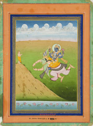 
	
		Lord Vishnu on Garuda appears to a devotee, Jaipur school, North India, 19th century,...