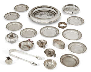 
	
		A pair of silver mounted cut glass ashtrays and matching lighter, all stamped sterling,...