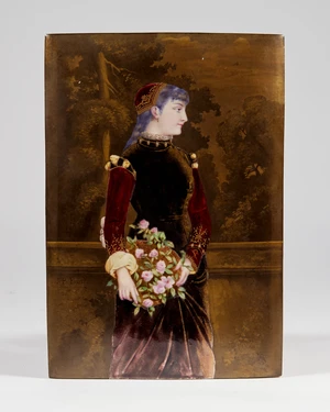 A Limoges porcelain plaque depicting a lady with a flower basket, after Gabriel Schachinger...