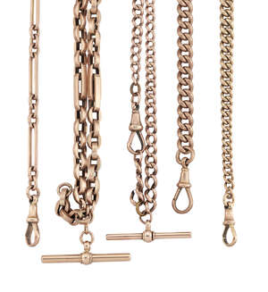 Four late 19th/early 20th century 9ct gold watch chains and a 9ct gold bracelet, the chains of various designs including curb link, fancy link and fetter and t