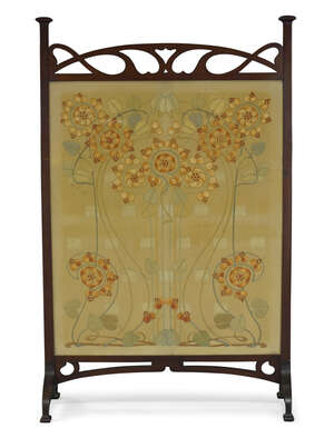 
	
		An Art Nouveau mahogany fire-screen with 'Glasgow School' Embroidered panel    
		