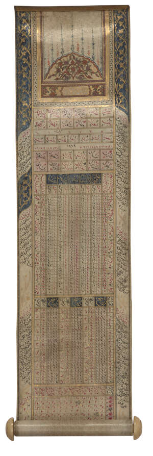 
	
		An Ottoman Ruznamah (calender for the year 1219AH) and a Qajar Ghubari talismanic scroll,...