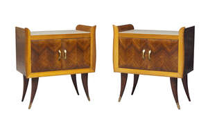 
	
		Italian, a pair of rosewood and walnut bed side tables 
		c.1940s 
		with sepia...