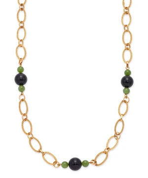 An Italian jadeite jade and dyed agate bead necklace, composed of three bead segments, each with two smaller jadeite jade beads, and one larger dyed agate bead