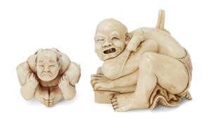 
	
		A Japanese Ivory Okimono and Netsuke, Meiji Period, Okimono carved as a man guarding a...