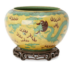
	
		A Chinese porcelain 'dragon' sancai jardiniere, Republic period, painted with two dragons...