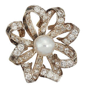 
	
		A late 19th century natural pearl and diamond brooch, the central pearl, measuring...