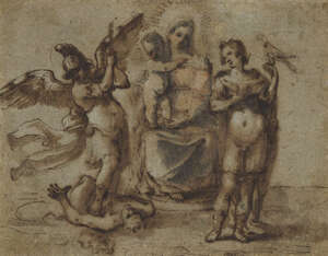 
	
		Bolognese School, 
		late 16th century- 
		 
		The Virgin and child, with Archangel...