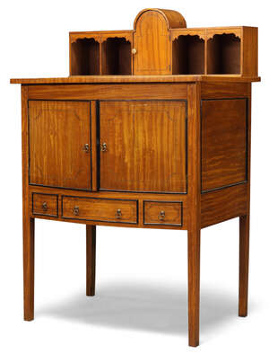 
	
		A late Victorian satinwood and ebony strung cabinet, the raised back with arched cupboard...