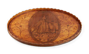 
	
		A George III inlaid satinwood oval tray, undulating gallery, with a marquetry oval...