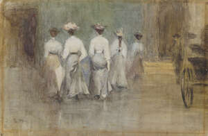 
	
		Attributed to James Stevens Hill RI ROI, 
		British 1854-1921- 
		 
		Group of women...