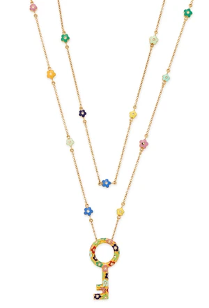 An Italian enamel and diamond floral necklace, the pendant designed as a key with a polychrome...