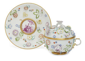 
	
		A Meissen florally encrusted and painted porcelain ecuelle, cover and stand, 18th...