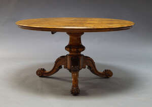 
	
		A Victorian rosewood breakfast table, the circular top on turned column support to...
