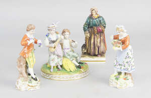 
	
		A pair of Dresden porcelain figures of a boy and girl, 20th century, he in a red coat...