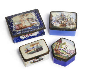 
	
		A group of four English enamel boxes, late 18th-20th century, including a Staffordshire...