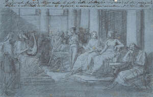 Italian School, 
		late 17th/early 18th century- 
		Homer's Odyssey, Book VIII: The Bard Demodocus sings of Troy; 
		black and white chalk on blue colou