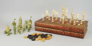 
	
		A Cantonese ivory and green stained ivory export chess set, early 19th century, the kings...