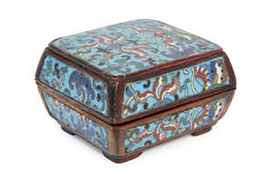 
	
		A Chinese rosewood and cloisonné rectangular box and cover, 18th century, the cover...