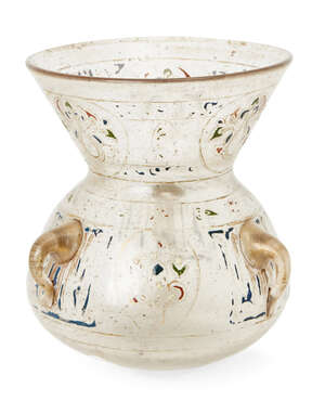 
	
		An enamelled and gilt-decorated glass mosque lamp, Egypt or Syria,  18th-19th century, of...