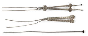 
	
		Three Chinese silver hairpins, early 20th century, two repousse decorated with...