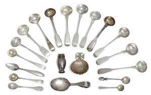 
	
		A collection of silver miniature spoons, including five Georgian mustard spoons, six...