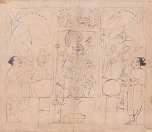 
	
		The worship of Srinathji, Kotah school, India, late 19th century, the deity depict in a...