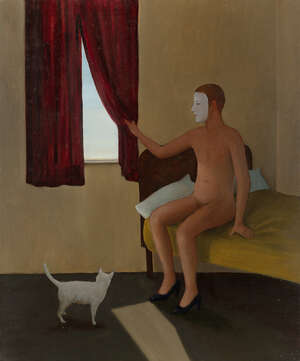 
	
		John Kirby, 
		British b.1949 - 
		 
		Man with a White Cat, 1995; 
		 
		oil on board,...