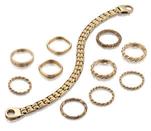 
	
		A collection of ten rings and a bracelet, comprising: seven rings of twisted design,...