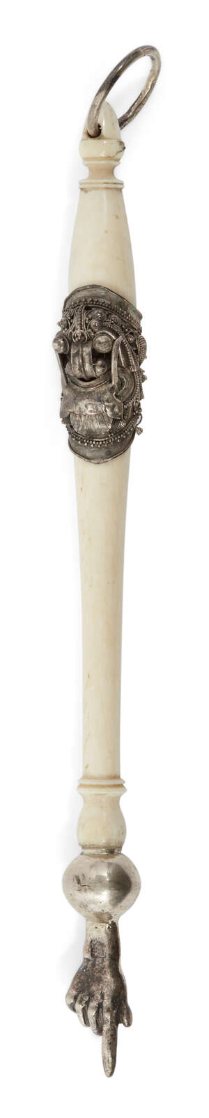 
	
		A small silver mounted ivory Torah pointer, yad, struck with a spurious '84' standard...