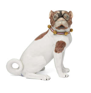 
	
		A German porcelain figure of a female pug, 20th century, modelled seated wearing a collar...