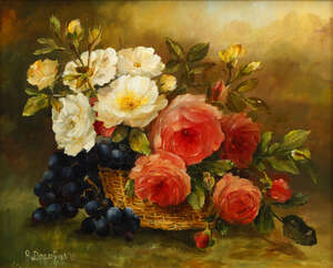 Hendrika Anna Doedijns, Dutch b.1942- Flowers in a basket, oil on board, signed, 22x28.5cm (ARR)...