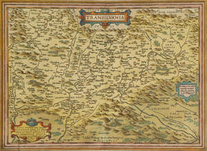 Abraham Ortelius, 
		Flemish 1527-1598- 
		 
		Transilvania; 
		 
		hand-coloured engraved map, printed in Antwerp, 1584, and published in Theatrum Orbi