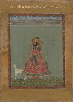 
	
		A portrait of a Sikh ruler walking his dog, India, late 18th- early 19th century, opaque...