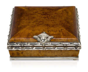 Omar Ramsden (1873-1939), a silver and birds-eye maple cigarette box
		Mark of Omar Ramsden, London hallmarks for 1935
		The maple box with silver framed edg