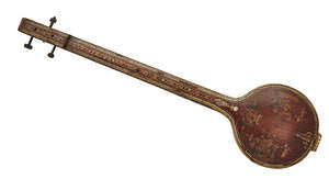 A bone-inlaid and painted hardwood Sitar, India, early 20th century, the gourd face painted with...