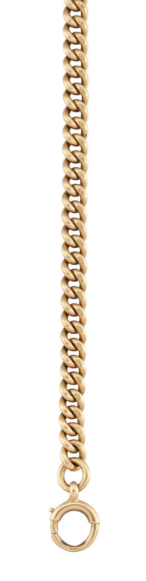 An 18ct gold watch chain, of curb link design with clip and loop terminals, length 39.5cm