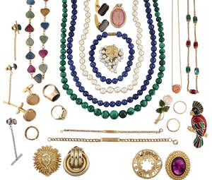 
	
		A group of jewellery and costume jewellery, comprising: a two colour signet ring, ring...
